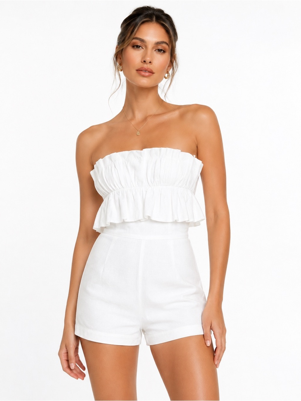 Princess Polly Hunter Mae Strapless Ruched Frill Linen Blend Romper 6 White NEW